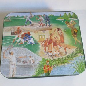 Sports Scenes Vintage Rectangular Tin Basketball Baseball Golf Fishing Tennis